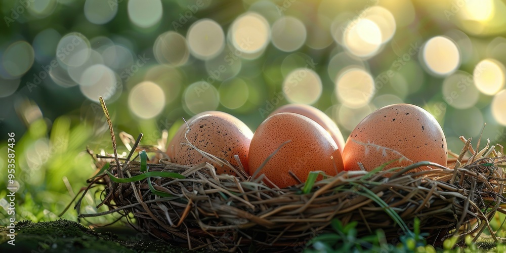 Eggs in a nest on green grass