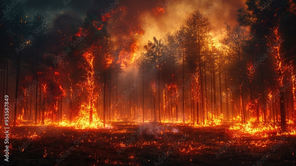 Nighttime forest fire with burning trees Nighttime forest fire with burning trees