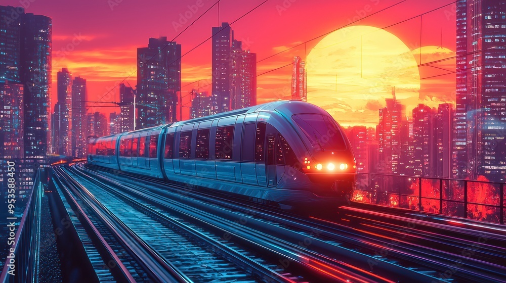 High-speed train moving through a city during a vibrant sunset High-speed train moving through a city during a vibrant sunset