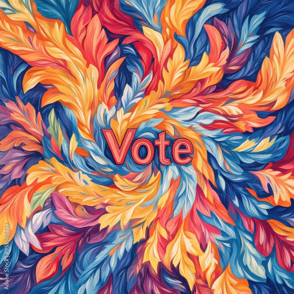 Colorful Abstract Feather Pattern Design with Vote Text in Bold Centered Colorful Abstract Feather Pattern Design with Vote Text in Bold Centered
