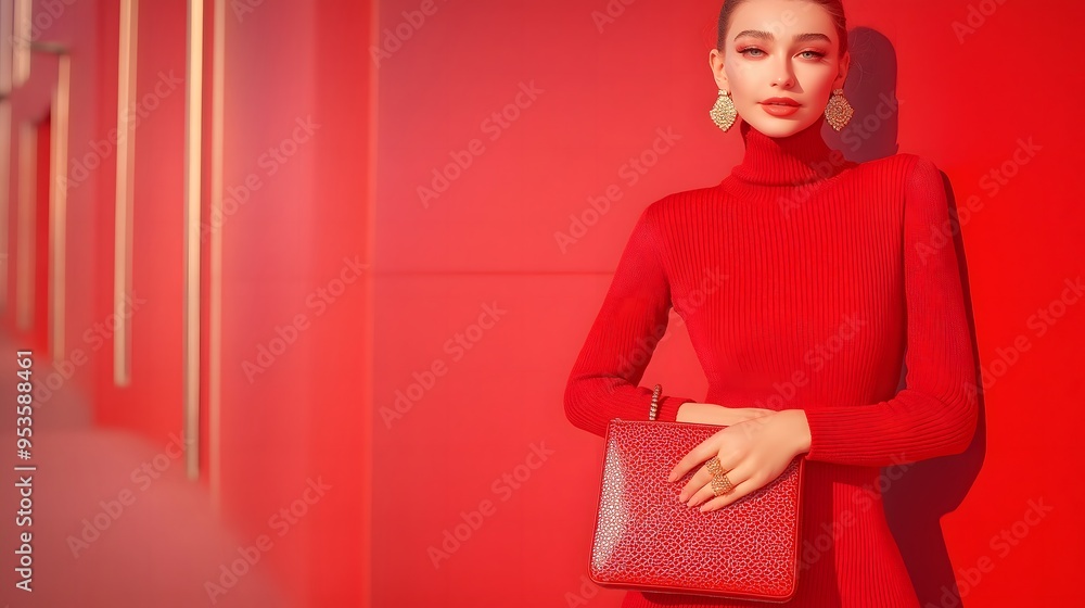 Fototapeta premium A woman fashion model wearing red and holding a red fashion bag against a red isolated background.