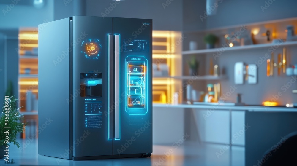 A sleek, matte black refrigerator with LED touch controls, futuristic vibe A sleek, matte black refrigerator with LED touch controls, futuristic vibe