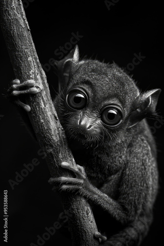 portrait studio photograph of tarsier black and white