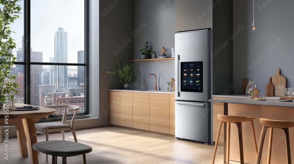 A sleek modern kitchen with a high-tech smart refrigerator, LED display glowing softly