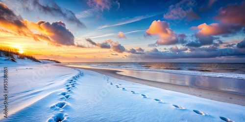 North Sea in January, peaceful scene of a snow-covered beach at dusk, with a few footprints leading into the distance, soft pink and blue hues of the twilight sky photo