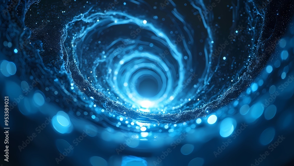 Cascading Ribbon of Neon Blue Light with Softly Glowing Particles in Dark Backdrop Cascading Ribbon of Neon Blue Light with Softly Glowing Particles in Dark Backdrop