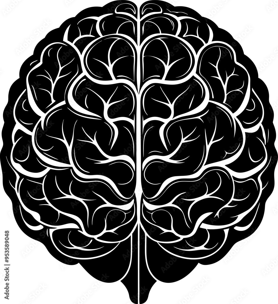 human brain silhouette vector, brain with cerebrum side black and white ...