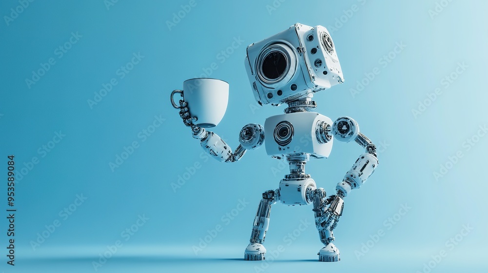 Adorable Robot Raises a Cup of Coffee in a Playful Salute - A Whimsical Blend of Technology and Daily Rituals. Adorable Robot Raises a Cup of Coffee in a Playful Salute - A Whimsical Blend of Technology and Daily Rituals.