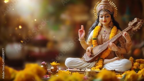 Vasant Panchami Banner Background Featuring Goddess Saraswati Playing Veena On Lotus Flowers Symbolizing Knowledge Wisdom Art And Spiritual Enlightenment