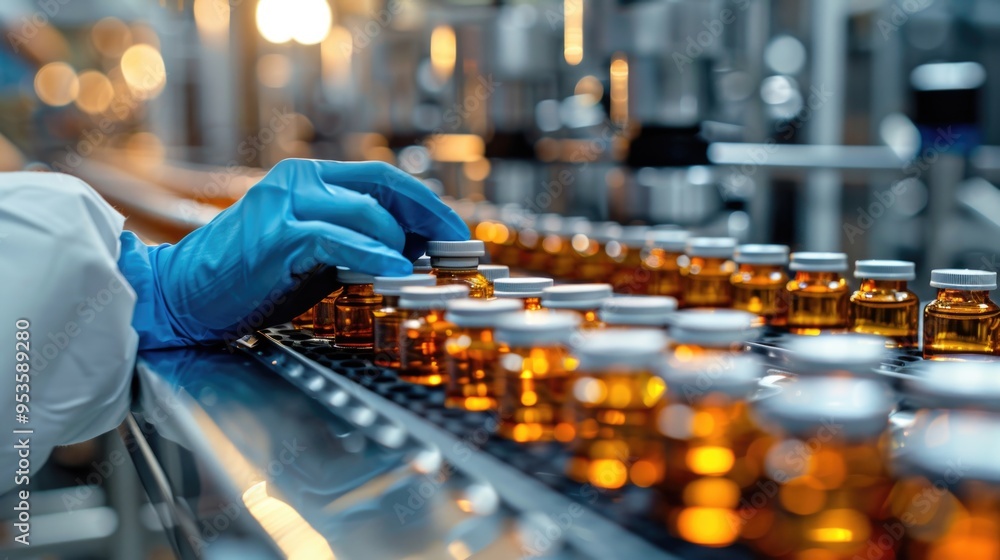 Pharmaceutical Manufacturing: Automated Bottling Process in Modern Factory with Lab Technicians Pharmaceutical Manufacturing: Automated Bottling Process in Modern Factory with Lab Technicians
