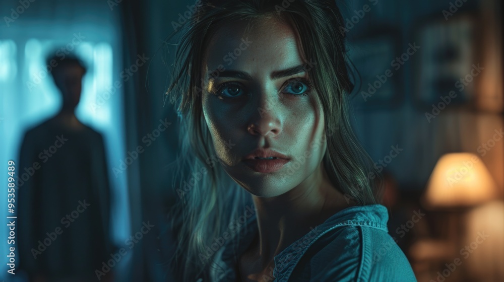 Closeup Portrait of a Young Woman with Blue Eyes and Blonde Hair, Blurred Background Closeup Portrait of a Young Woman with Blue Eyes and Blonde Hair, Blurred Background