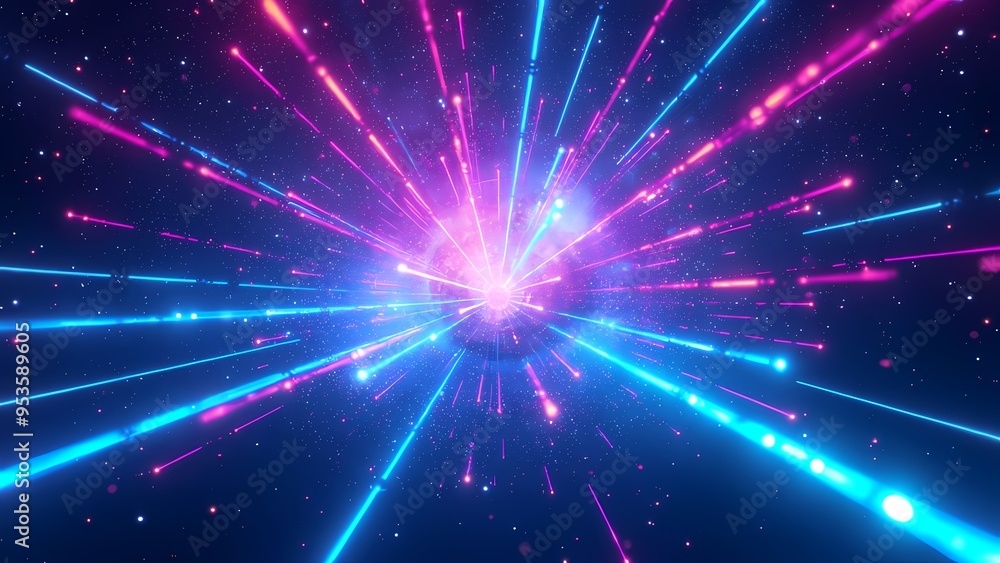 Fototapeta premium Vortex of Swirling Blue Light Waves with Depth-Enhancing Particles Dark Space