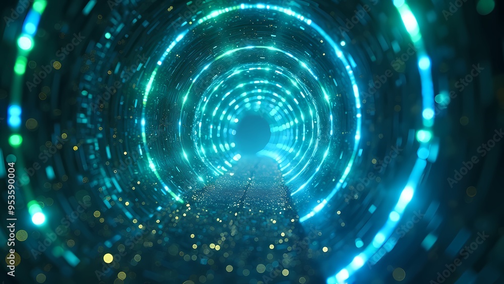 Spiraling Blue and Green Light Beams Leading to Bright Center with Starry Particles Spiraling Blue and Green Light Beams Leading to Bright Center with Starry Particles