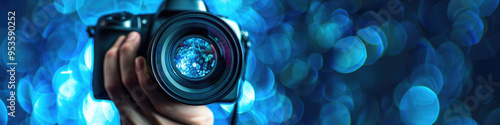 A person holds a camera aimed at the viewer, surrounded by colorful bokeh lights, creating a captivating atmosphere photo