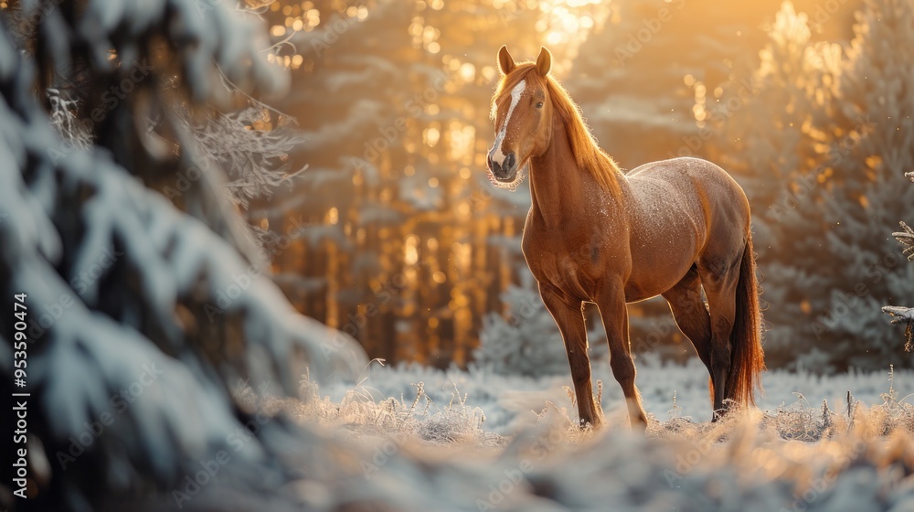 Brown horse standing in snowy forest at sunset Brown horse standing in snowy forest at sunset