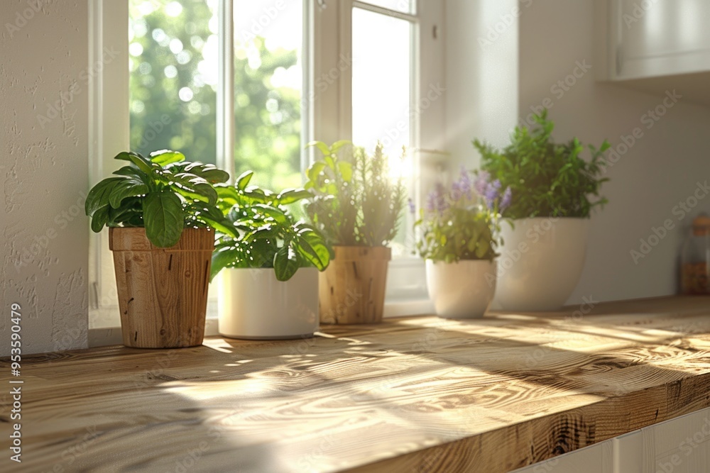 Lavender plant on kitchen windowsill in sunlight Lavender plant on kitchen windowsill in sunlight