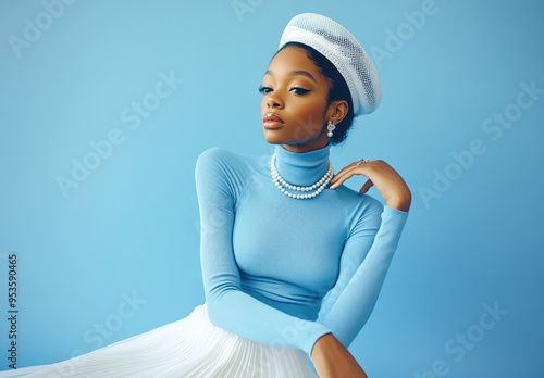 an elegant woman wearing a blue long-sleeved turtleneck top, a white skirt, and a beret hat with pearls around her neck, posing for the camera photo