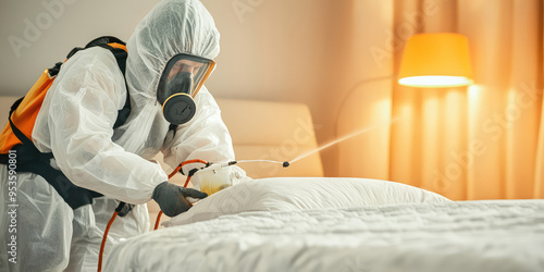 Exterminator in a protective suit and breathing mask working bed bug spray to a bed in room