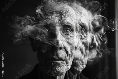 Elderly Man Double Exposure Smoke Effect in Black and White Artistic Portrait