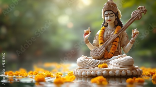 Goddess Saraswati Idol with Veena Surrounded by Marigold Flowers During Vasant Panchami Celebration