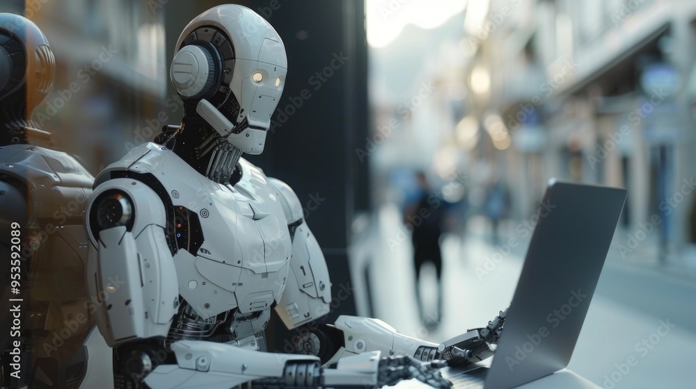 Robot using laptop in office setting