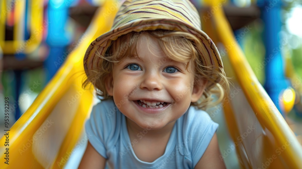 Happy toddler boy in hat on playground slide Happy toddler boy in hat on playground slide