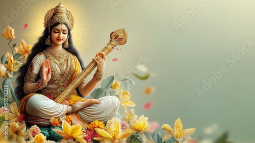 Goddess Saraswati illustration with veena and yellow flowers, symbolizing Vasant Panchami celebration, knowledge, art, and spirituality