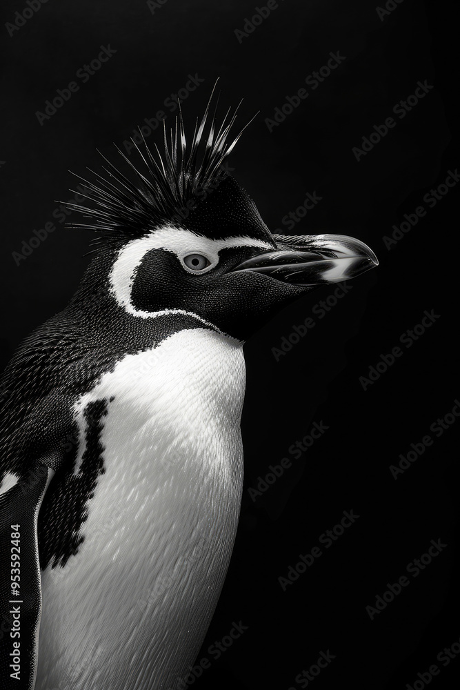 Naklejka premium portrait studio photograph of rockhopper penguin black and white