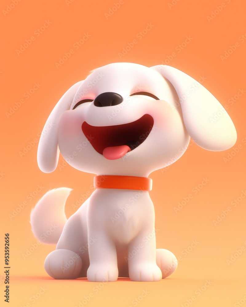 Illustrated image of a joyful cartoon dog with a bright red collar, smiling widely against an orange background Illustrated image of a joyful cartoon dog with a bright red collar, smiling widely against an orange background