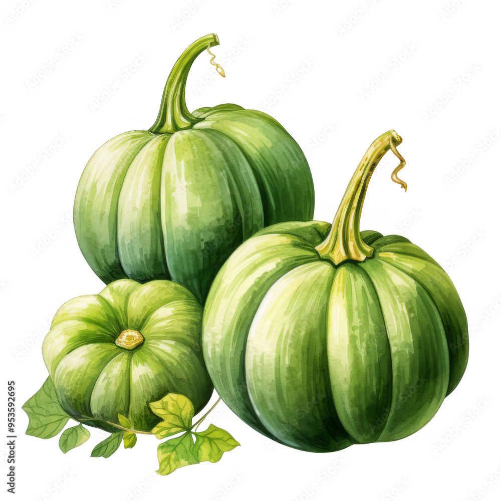 Watercolor Green Pumpkin Isolated on a Transparent Background Watercolor Green Pumpkin Isolated on a Transparent Background