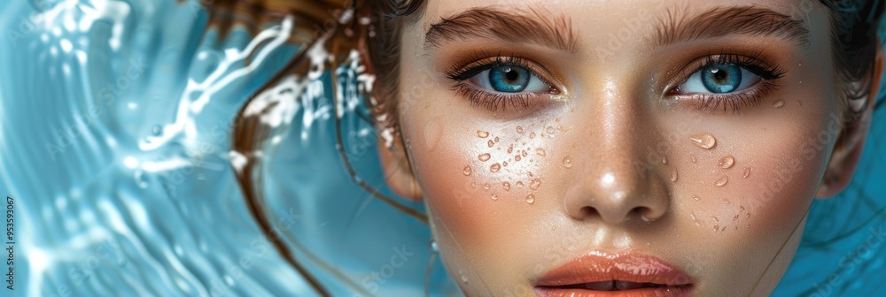 Woman with wet skin and blue eyes in pool Woman with wet skin and blue eyes in pool