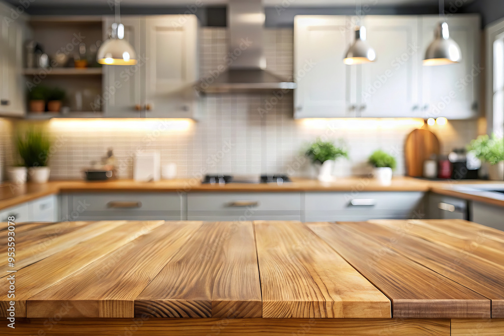 Wooden countertop on a blurred background of a trendy, white kitchen Wooden countertop on a blurred background of a trendy, white kitchen