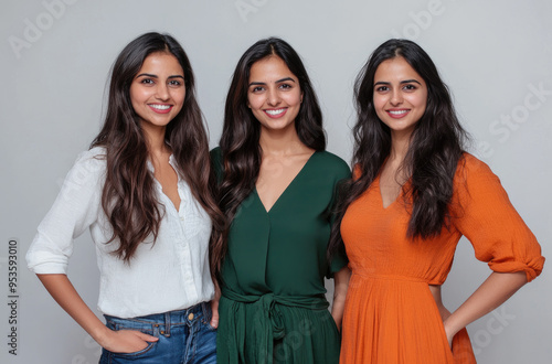 three women, one with long brown hair wearing a white shirt and green jeans, the second woman has medium-length black hair in an orange blouse, photo