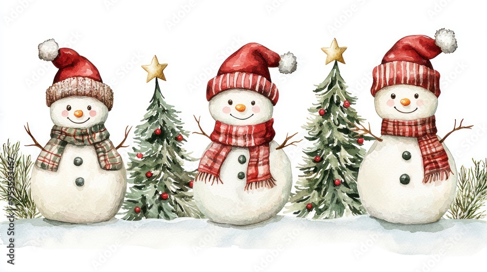 Festive snowmen and decorated Christmas trees on a snowy landscape