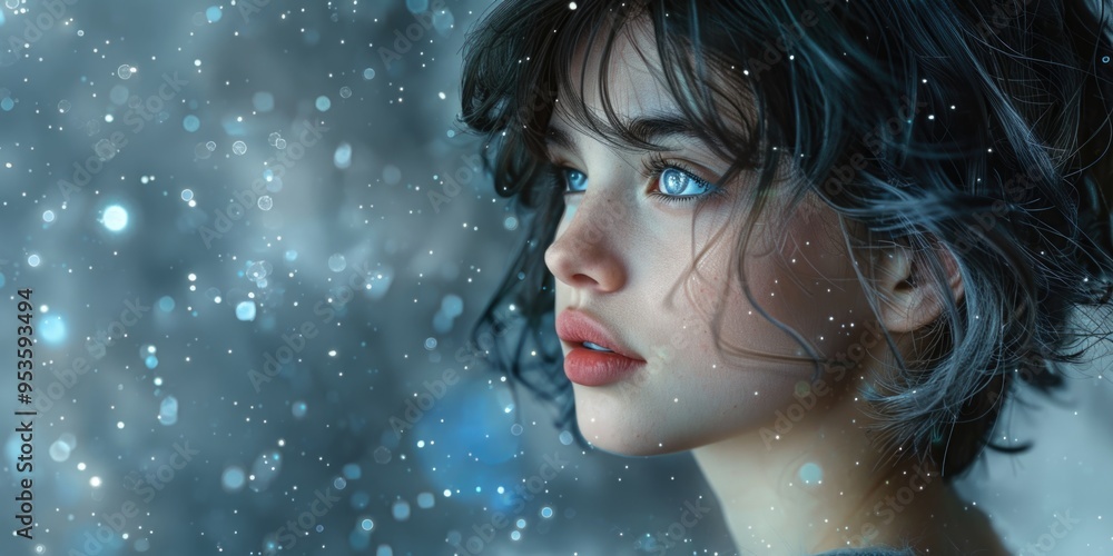Mysterious Young Woman with Blue Eyes and Short Hair in a Snowy Fantasy Scene Mysterious Young Woman with Blue Eyes and Short Hair in a Snowy Fantasy Scene