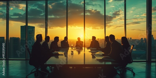 The Sunset Business Meeting occurs in a modern conference room, where professionals gather to discuss the agenda, fostering collaboration and dynamic communication among executives