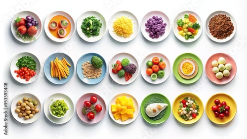 A collection of colorful portion control plates with measured sections and nutrition facts, arranged on a white