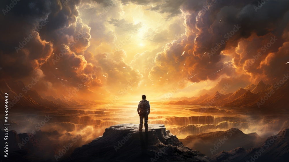 Man Stands on Cliff Overlooking Dramatic Sunset Sky and Expansive Landscape Man Stands on Cliff Overlooking Dramatic Sunset Sky and Expansive Landscape