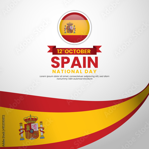 Spain National day banner background with spain waving ribbon flag. 12 October