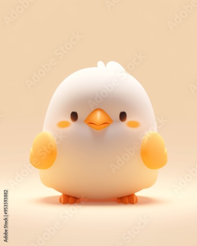 Adorable chubby cartoon chick with orange beak and feet on a warm pastel background photo