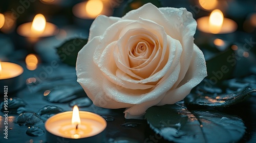 Funeral Decoration with White Rose, Candles, and Frame on Dark Background photo