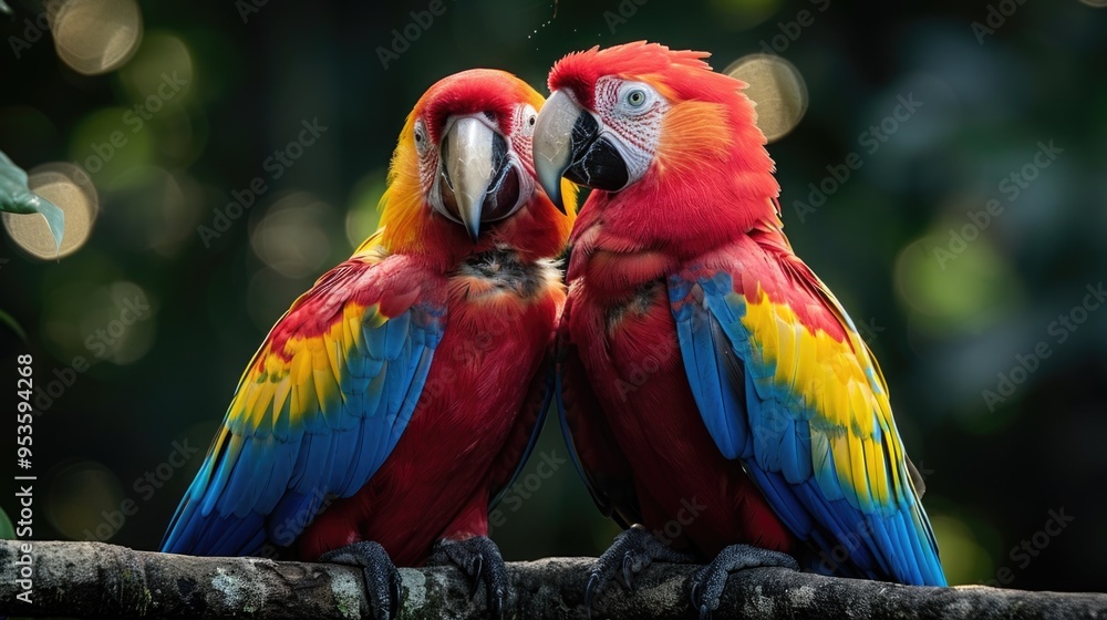 Colorful Scarlet Macaws Perched Together in Vibrant Tropical Forest Colorful Scarlet Macaws Perched Together in Vibrant Tropical Forest