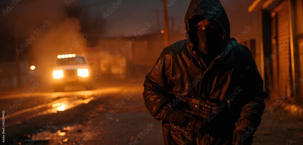Hooded figure walking past burning car at night Hooded figure walking past burning car at night