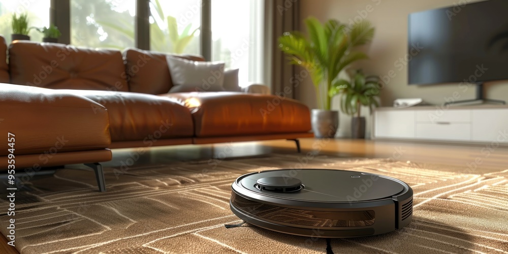 Robot vacuum cleaner on hardwood floor in modern living room Robot vacuum cleaner on hardwood floor in modern living room