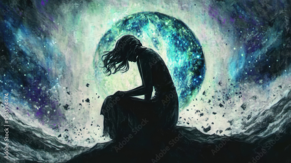 Fototapeta premium A silhouette of woman sits contemplatively against cosmic backdrop, evoking sense of introspection and wonder.