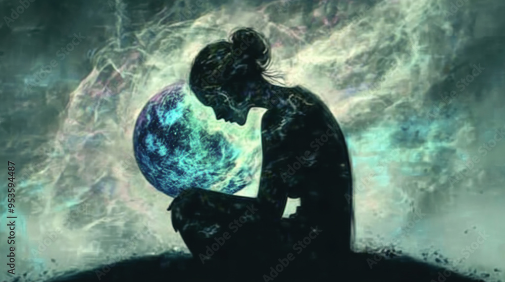 A silhouette of woman sitting with glowing planet, symbolizing introspection and connection to universe.