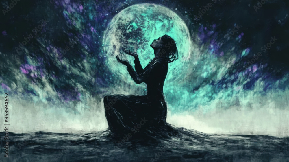 Fototapeta premium A woman kneels in mystical landscape, reaching towards glowing moon, surrounded by vibrant cosmic colors. scene evokes sense of wonder and connection to universe.