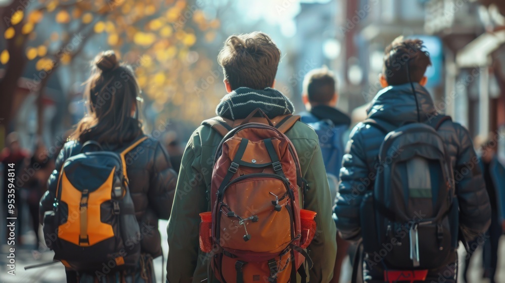 Students walking on a city street in autumn Students walking on a city street in autumn