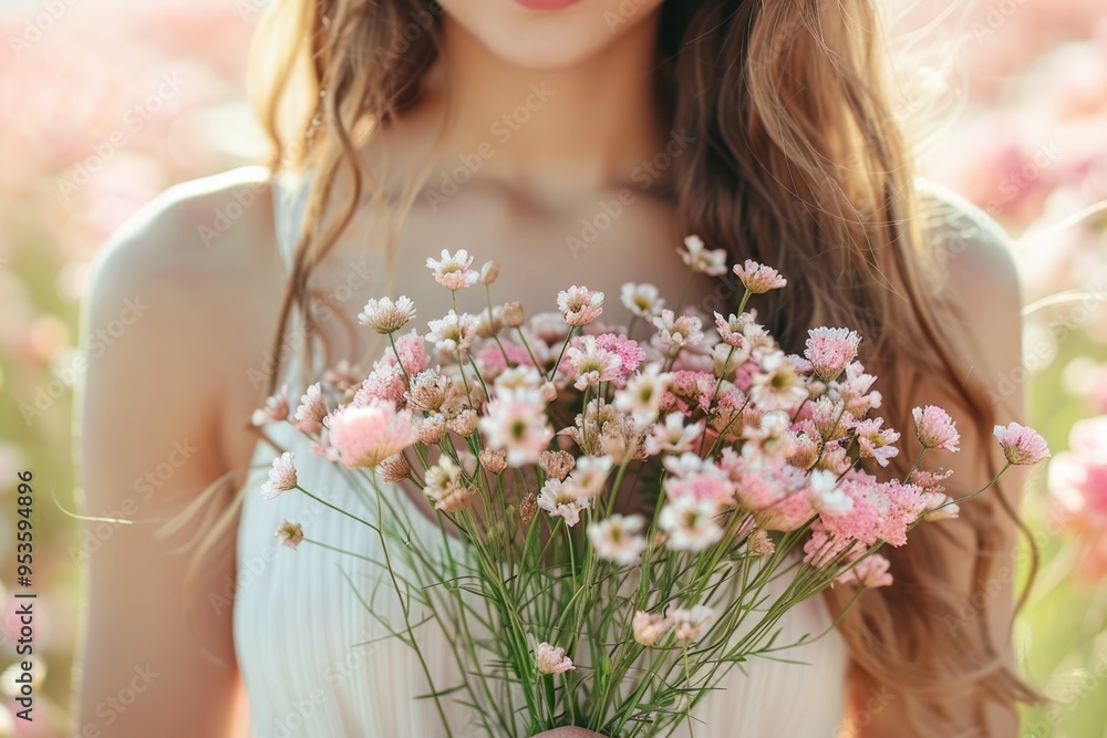 Young Woman Holding Wildflower Bouquet in Sunlit Field Romantic Nature Setting Young Woman Holding Wildflower Bouquet in Sunlit Field Romantic Nature Setting