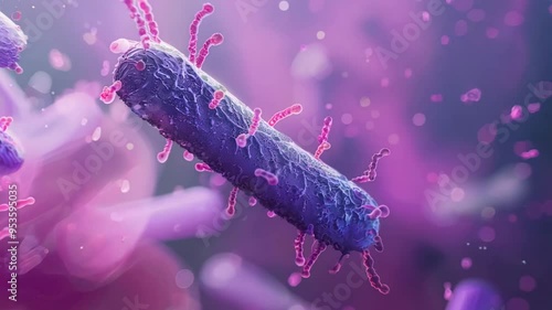 Close-up of microscopic bacterium with pink appendages in a vibrant purple and pink environment.